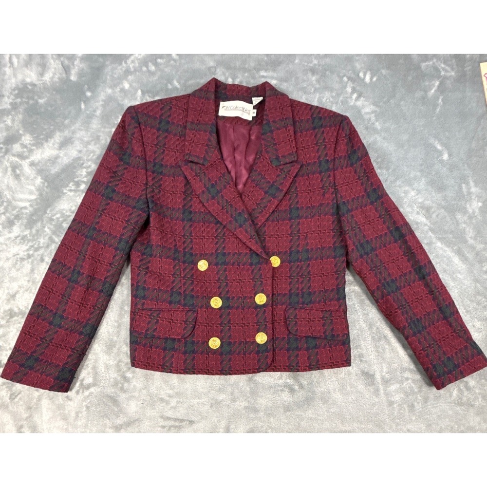 JH Collectibles Vtg Plaid Worsted Wool Blazer Burgundy Double Breasted Jacket M